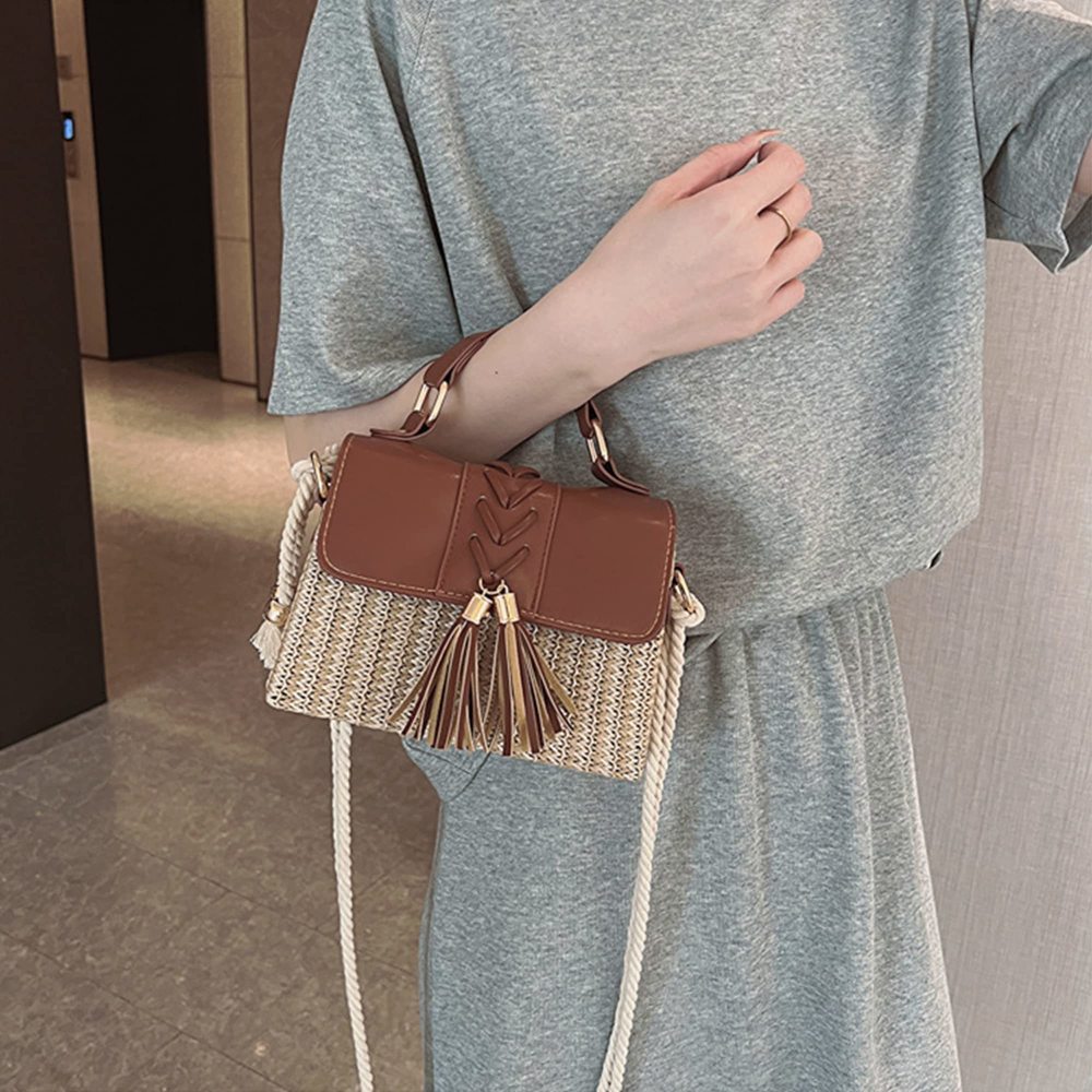 Mini Braided Tassels Straw Woven Cross-Body Bag Pu Leather Flap B) - Picture 7 of 7